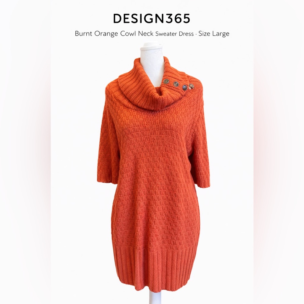Design365 Burnt Orange Cowl Neck Sweater Dress Button Accent